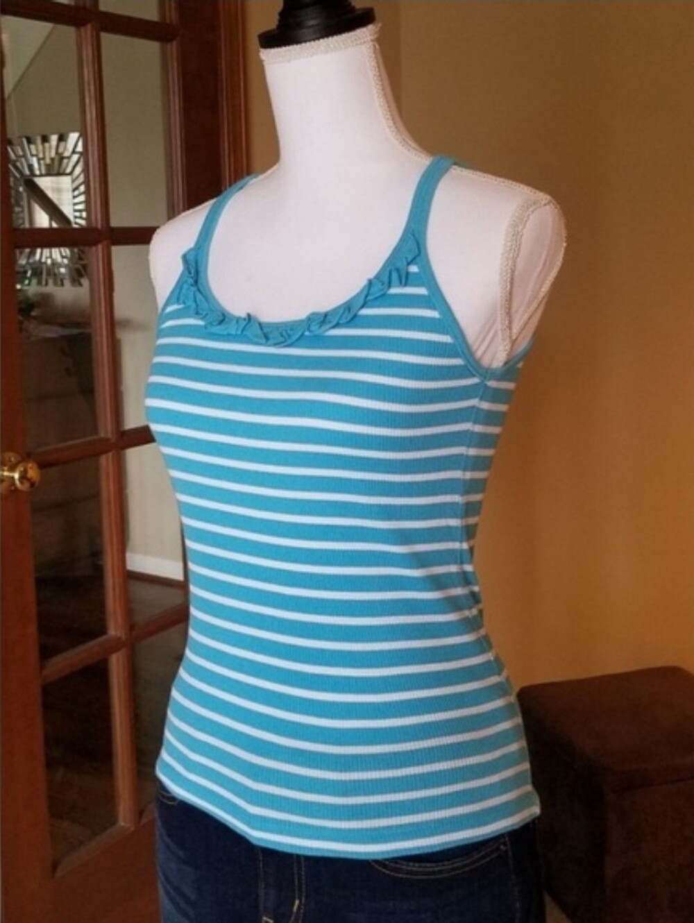 Terranova Turquoise Blue & White Ruffle Stripe Racerback Tank Top from Italy